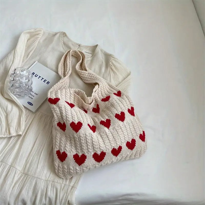 Knitted Geometric Hearts Tote Bag