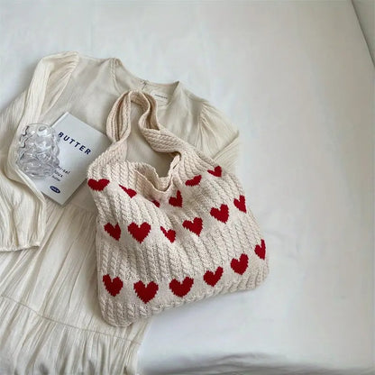 Knitted Geometric Hearts Tote Bag