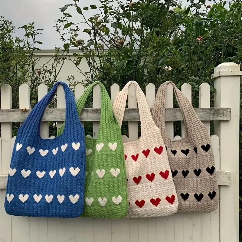 Knitted Geometric Hearts Tote Bag
