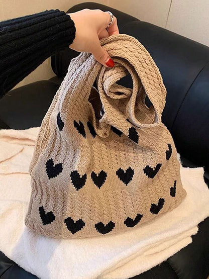 Knitted Geometric Hearts Tote Bag