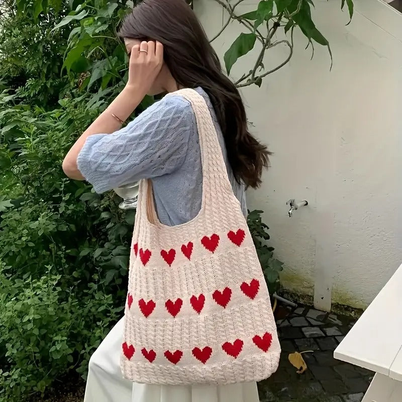 Knitted Geometric Hearts Tote Bag