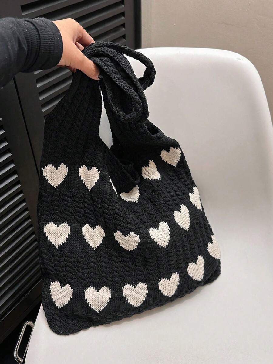 Knitted Geometric Hearts Tote Bag