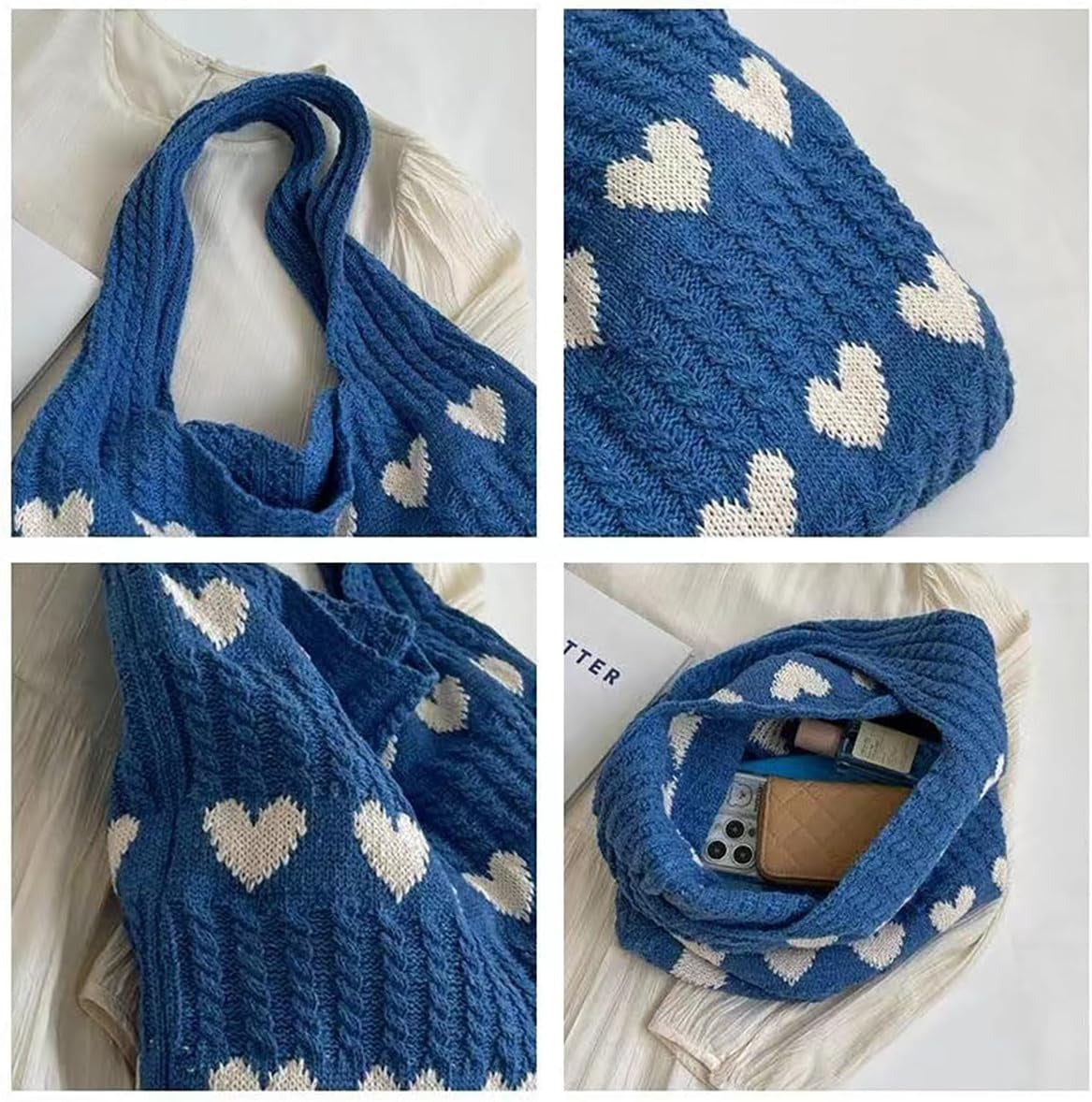 Knitted Geometric Hearts Tote Bag