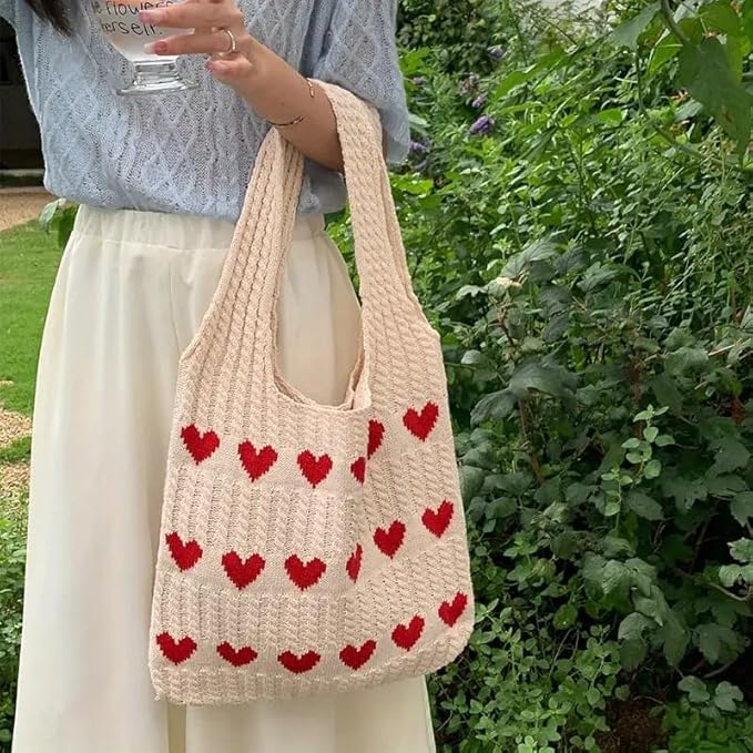 Knitted Geometric Hearts Tote Bag
