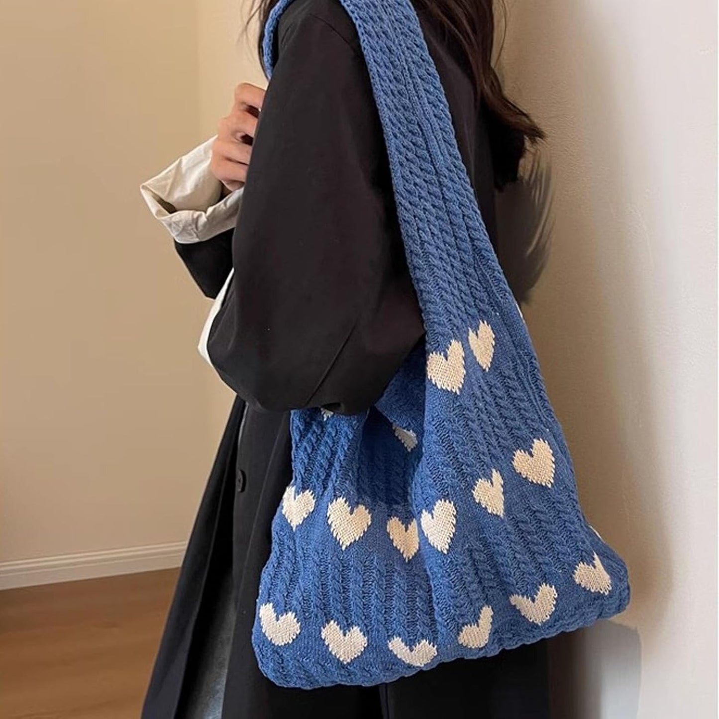 Knitted Geometric Hearts Tote Bag
