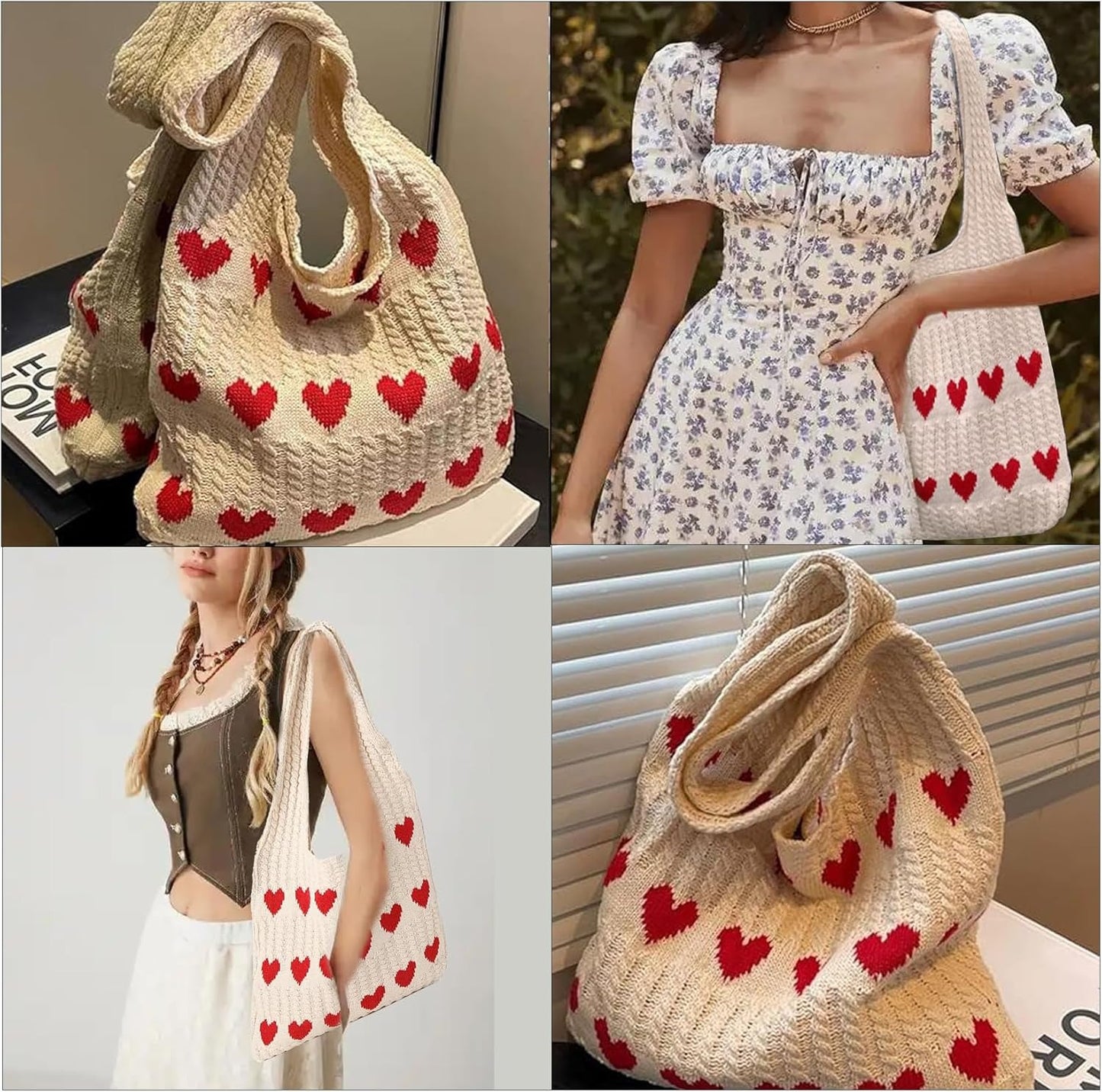 Knitted Geometric Hearts Tote Bag