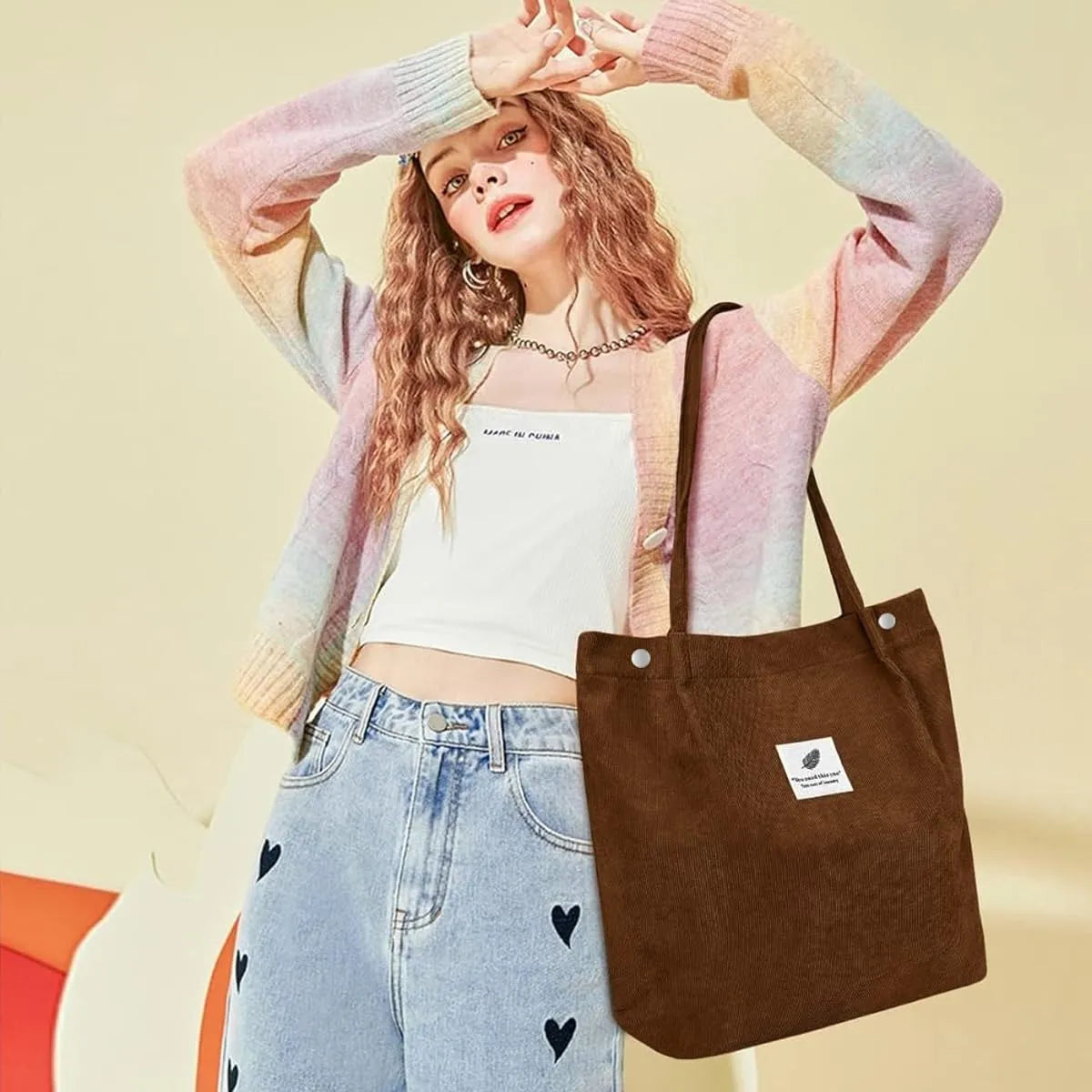 Everyday Ribbed Shoulder Bag with Snap Closure