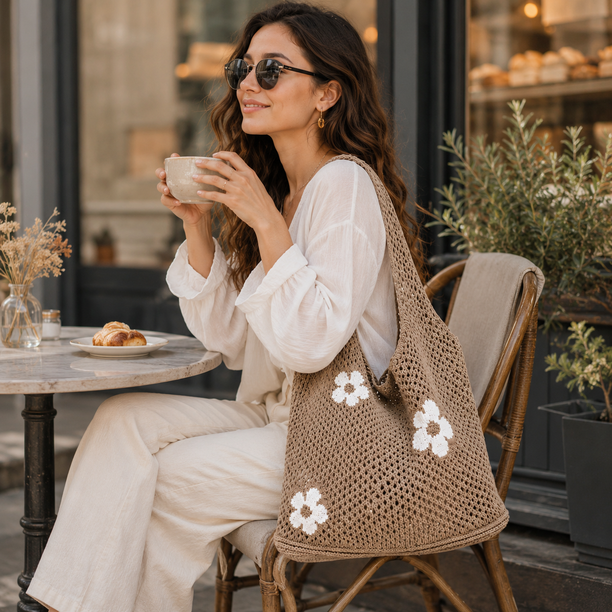 Floral Crochet Mesh Beach Tote Bag