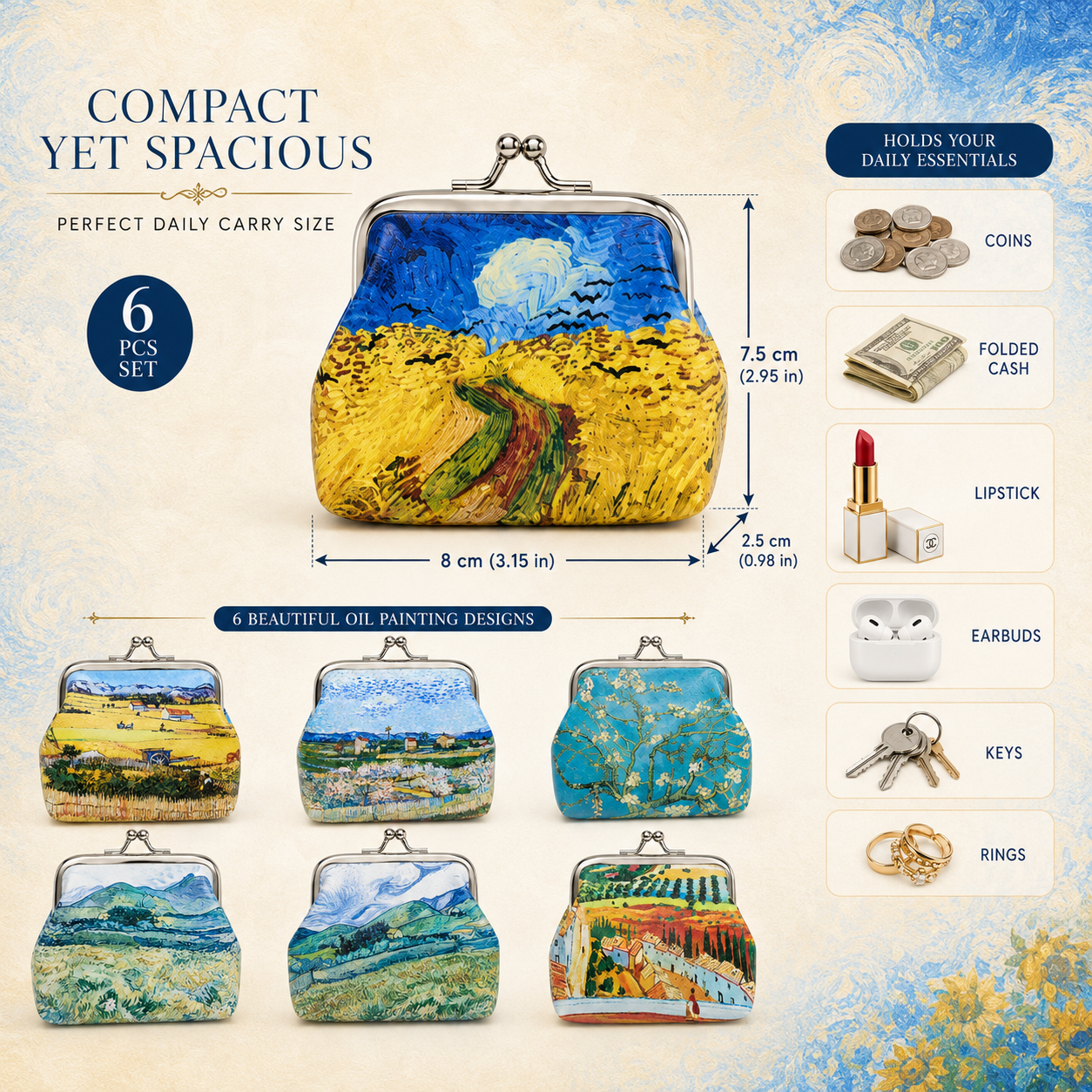 6pc Oil Painting Coin Pouch Set