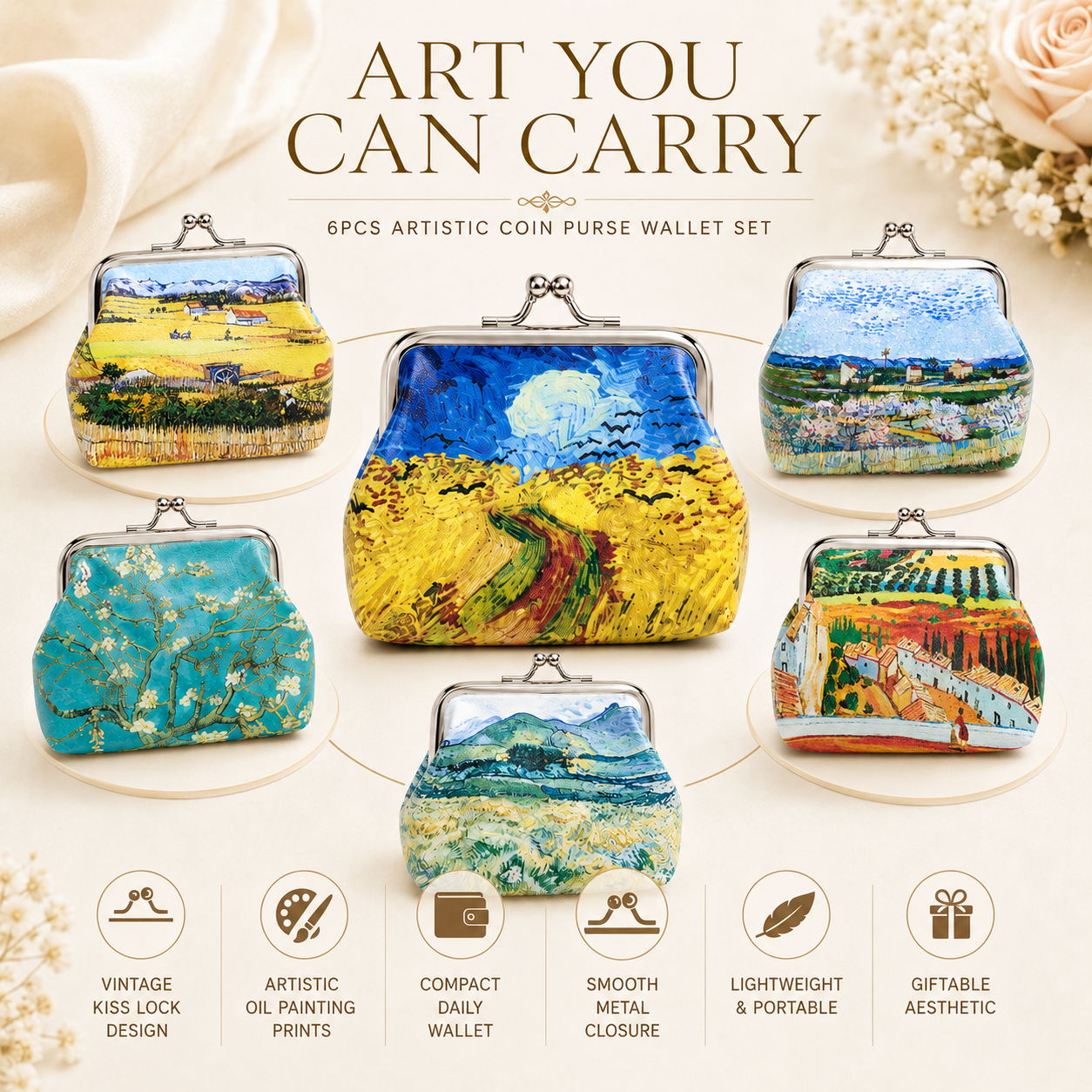 6pc Oil Painting Coin Pouch Set