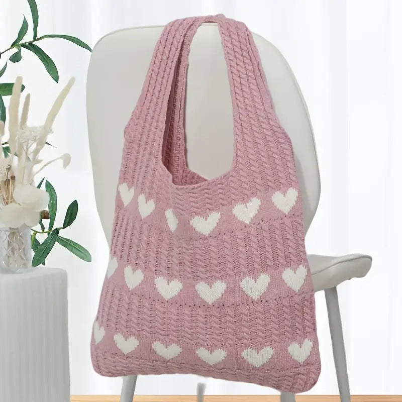 Knitted Geometric Hearts Tote Bag