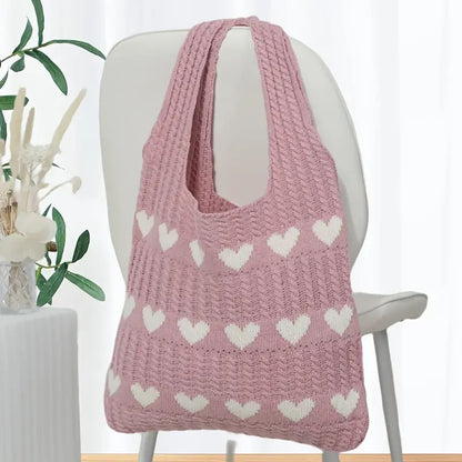 Knitted Geometric Hearts Tote Bag